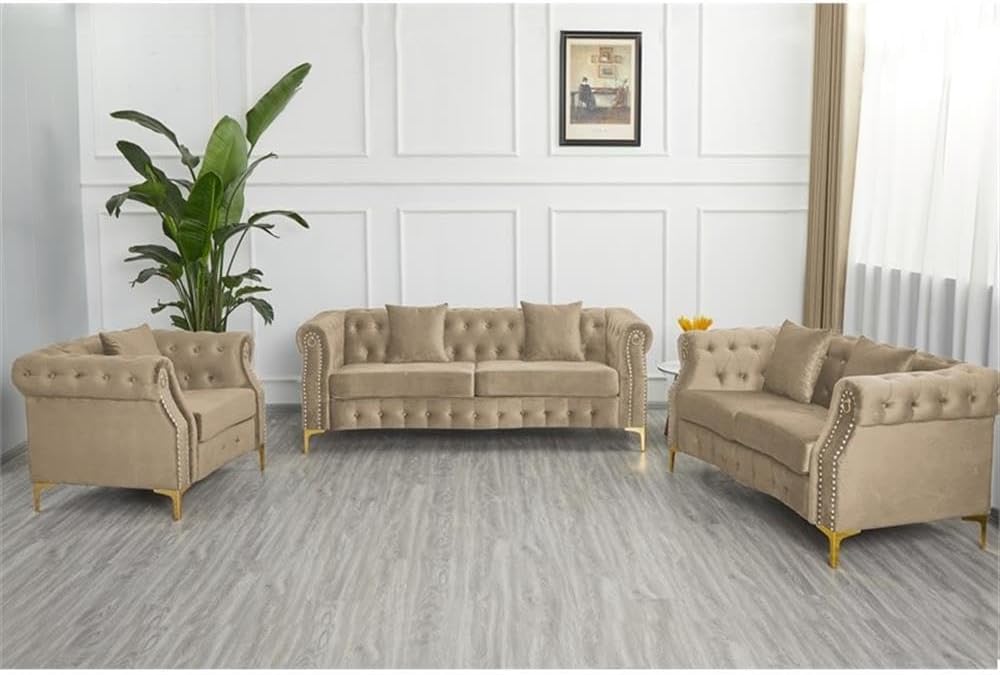 Pemberly Row 3-Piece Velvet Living Room Sofa Set, Beige Upholstery, Golden Rivets, Includes Sofa, Loveseat, Armchair, Button Tufted Design, Rolled Arms, Metal Legs, Comfortable Seating for