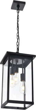 17'' Large Outdoor Pendant Light, 3-Lights Matte Black Exterior Hanging Lantern with Clear Glass, Outdoor Chandelier Ceiling Light Fixture for Porch, Patio, Gazebo, Entryway