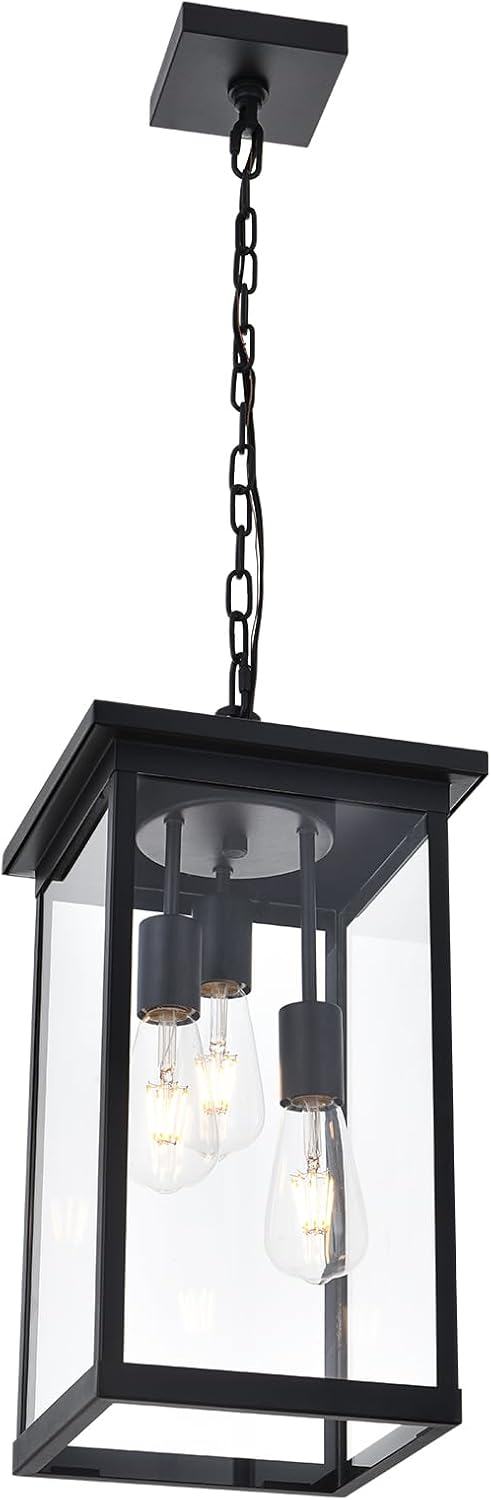 17'' Large Outdoor Pendant Light, 3-Lights Matte Black Exterior Hanging Lantern with Clear Glass, Outdoor Chandelier Ceiling Light Fixture for Porch, Patio, Gazebo, Entryway