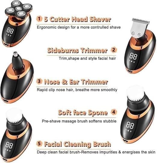Electric Shavers for Men, 5 in 1 Electric Shaver for Men Beard Hair Trimmer Electric Razor 5D Floating 5 Blade Heads Electric Nose Hair Trimmer LCD Display