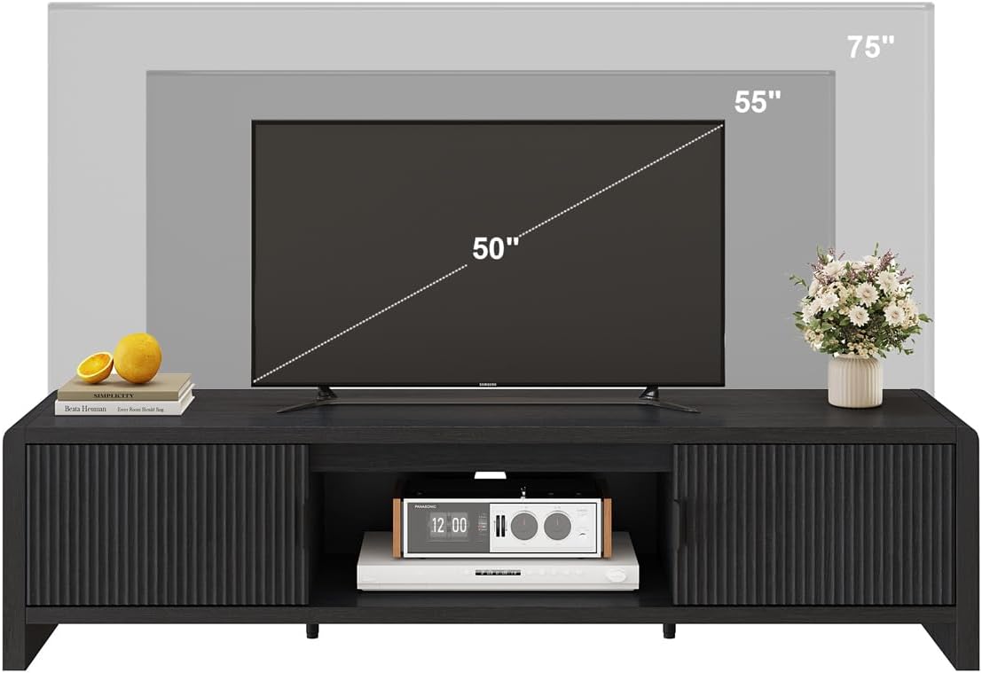 FATORRI TV Stand for 75/65/55 Inch TVs, Mid Century Modern Entertainment Center with Storage, Wooden Television Media Console Cabinet with Fluted-Door for Living Room, Bedroom (63 Inch W, Black)