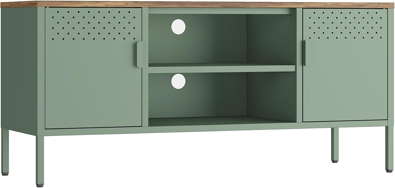 Manhattan Comfort Landen 47' Modern Metal TV Stand with Storage Cabinets & Open Shelves, Holds Up to 40' Screen, TV Console with Natural Wood Top, Cable Management, Adjustable Legs, Green
