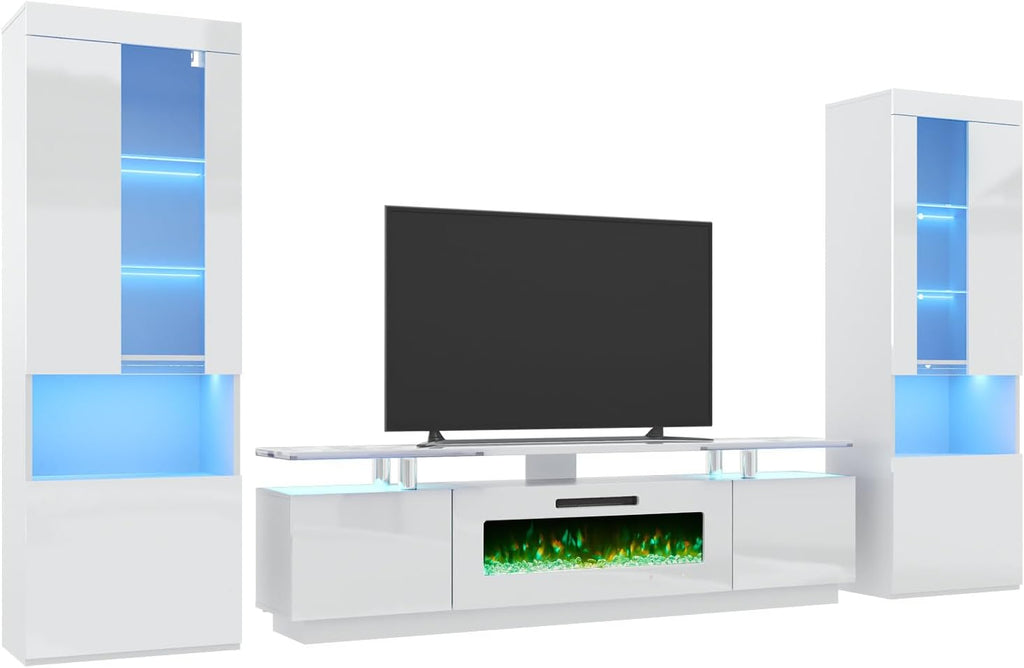 AMERLIFE Entertainment Center with Fireplace and Bookcases, Includes 80' 2-Tier Fireplace TV Stand with 40' Fireplace, 2 x High Gloss Bookshelves with LED Lights & Glass Doors, White