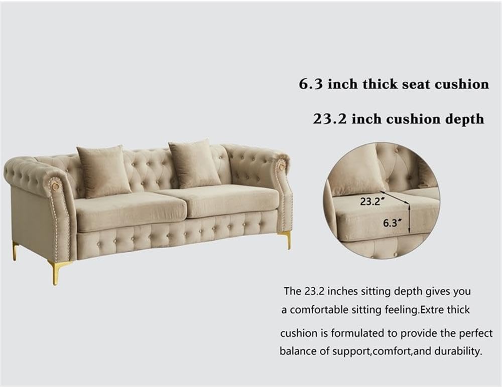 Pemberly Row 3-Piece Velvet Living Room Sofa Set, Beige Upholstery, Golden Rivets, Includes Sofa, Loveseat, Armchair, Button Tufted Design, Rolled Arms, Metal Legs, Comfortable Seating for