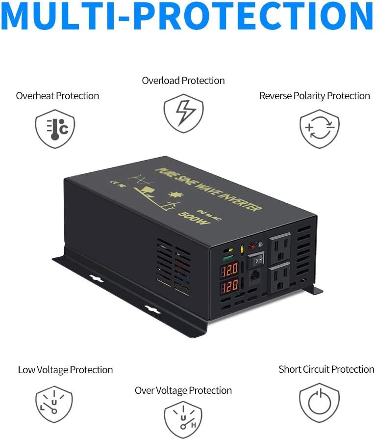 WZRELB 500W 12V 120V Pure Sine Wave Power Inverter with 2 AC Outlets Wired Remote Control (RBP-50012WR)