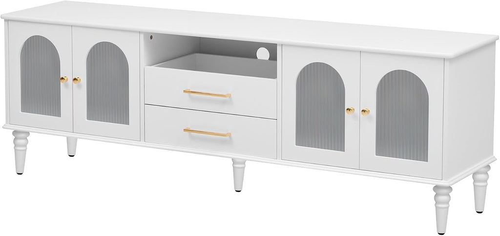 Retro TV Stand for TVs up to 75 Inches, Entertainment Center Media Console with Fluted Glass Doors and Five Solid Wood Legs for Living Room