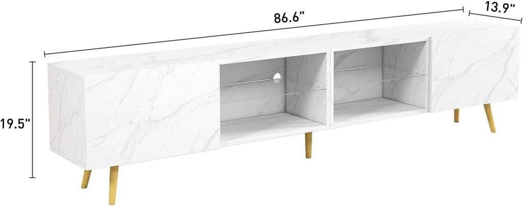 Bonzy Home 86' LED TV Stand, Modern Entertainment Center up to 75' TV, Television Console Table with Storage Cabinets for Living Room, White Marble