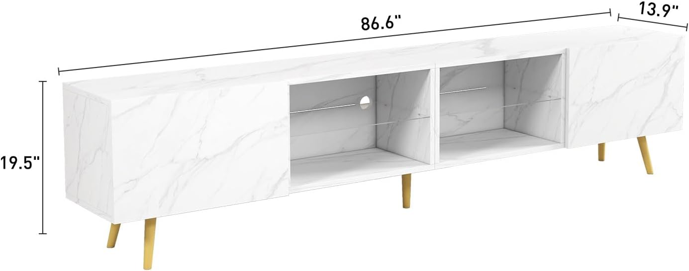 Bonzy Home 86' LED TV Stand, Modern Entertainment Center up to 75' TV, Television Console Table with Storage Cabinets for Living Room, White Marble