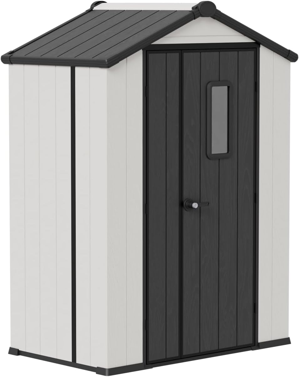 COOS BAY 5x3 Outdoor Storage Shed with Floor, Lockable Doors, All-Weather Resin Garden Tool Shed, White/Gray