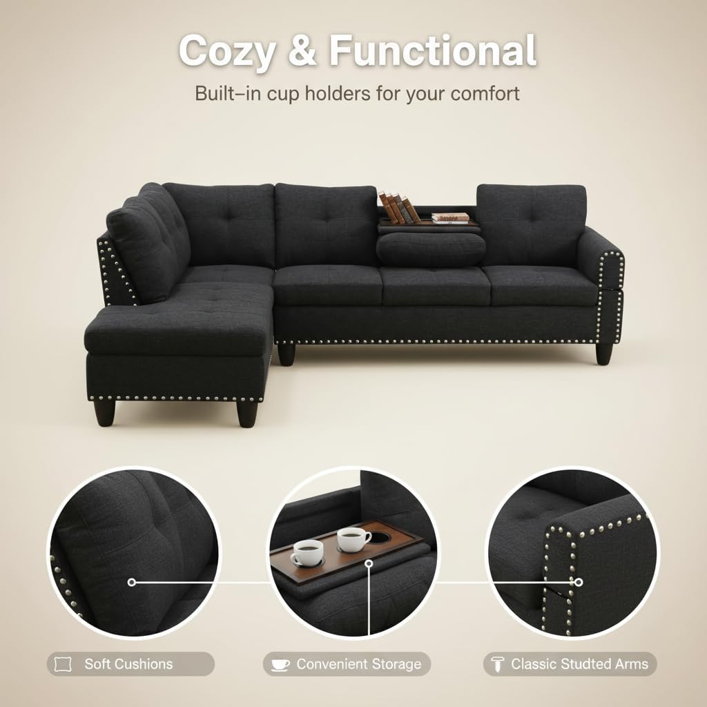 Modern L-Shaped Sectional Sofa with Cup Holder, 4-Seater Fabric Couch with Chaise Lounge, for Living Room, Apartment, Studio, Easy Assembly, Black