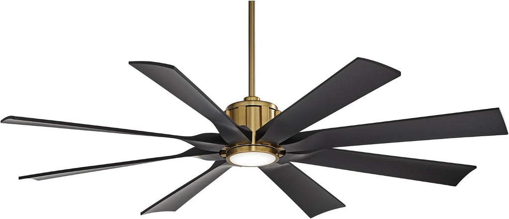 Possini Euro Design 60' Defender Modern Outdoor Ceiling Fan with LED Light Remote Control Soft Brass Matte Black Damp Rated for Patio Exterior House Home Porch Gazebo Garage Barn