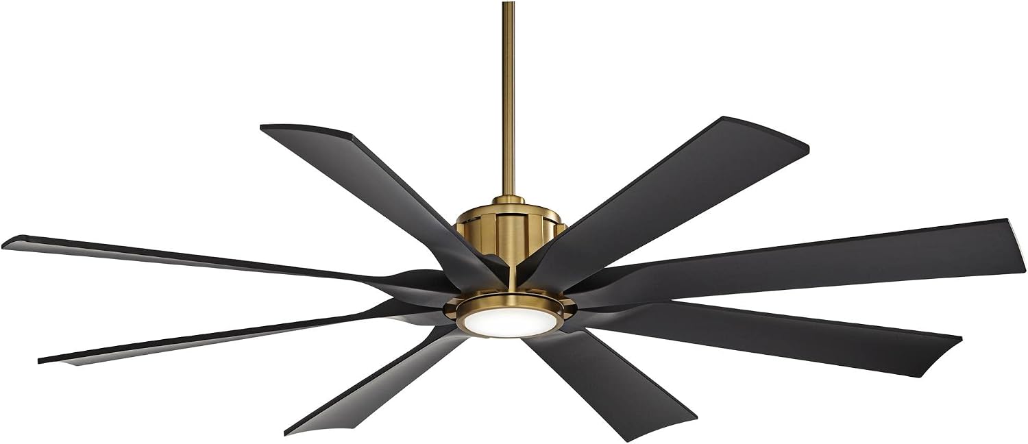 Possini Euro Design 60' Defender Modern Outdoor Ceiling Fan with LED Light Remote Control Soft Brass Matte Black Damp Rated for Patio Exterior House Home Porch Gazebo Garage Barn