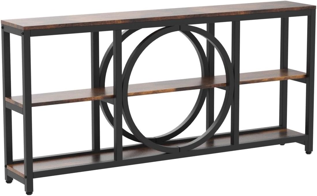 Tribesigns Extra Long Console Table, 70.9 inch Narrow Sofa Tables with 3 Tier Wood Storage Shelves Industrial Metal Frame for Entryway Hallway Living Room Behind Couch, Rustic Brown Black