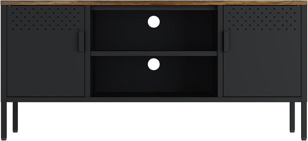 Manhattan Comfort Landen 47' Modern Metal TV Stand with Storage Cabinets & Open Shelves, Holds Up to 40' Screen, TV Console with Natural Wood Top, Cable Management, Adjustable Legs, Black