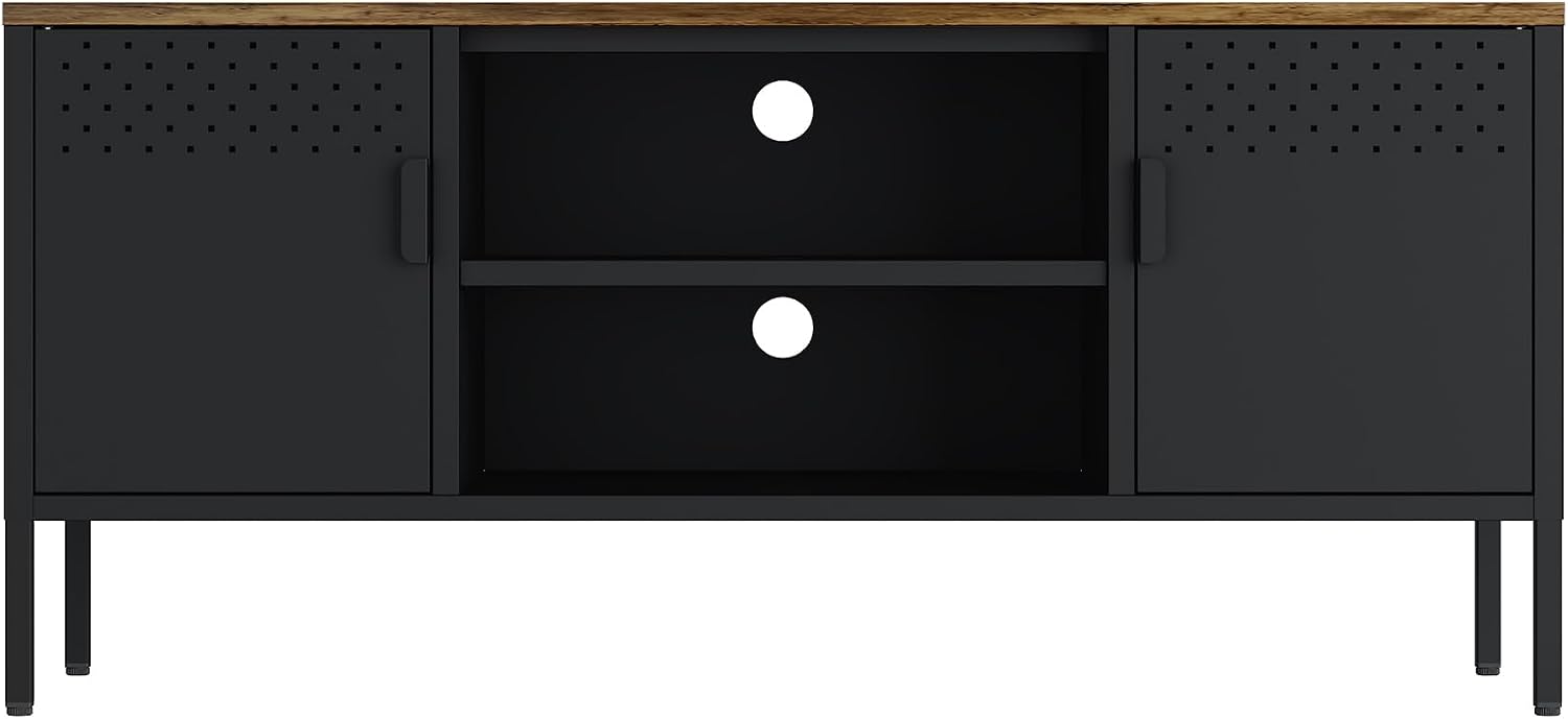Manhattan Comfort Landen 47' Modern Metal TV Stand with Storage Cabinets & Open Shelves, Holds Up to 40' Screen, TV Console with Natural Wood Top, Cable Management, Adjustable Legs, Black