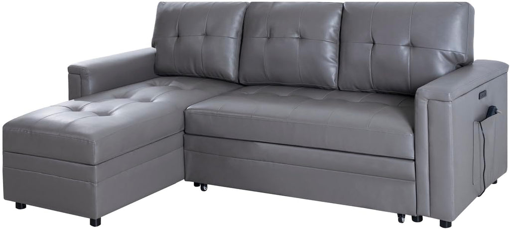 Naomi Home L-Shaped Sectional Sleeper Sofa with USB Ports - Convertible Pull-Out Bed, Ample Storage, Timeless Design, Durable Construction Gray/Air Leather