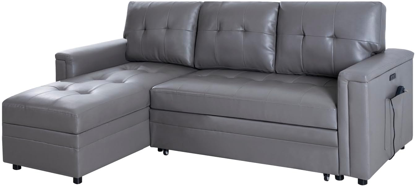 Naomi Home L-Shaped Sectional Sleeper Sofa with USB Ports - Convertible Pull-Out Bed, Ample Storage, Timeless Design, Durable Construction Gray/Air Leather