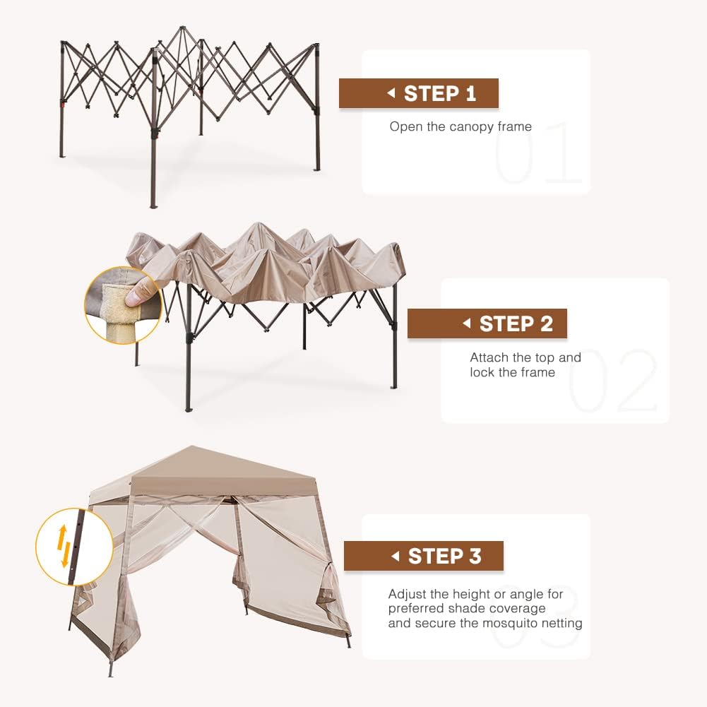 COOS BAY 10x10 Pop Up Canopy Tent with Screen Netting, Slant Leg Canopy with UPF 50+ UV Protection, 64 Sq Ft Shade, One Person Setup with Carry Bag, Beige