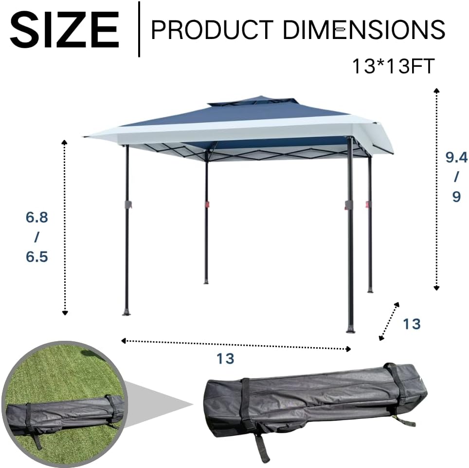 Kingdura 13x13 Pop Up Canopy, Easy Setup Canopy Tent, Double Roof Outdoor Patio Shelter Sun Shade with 4 Sand Bags, 3 Adjustable Height for Patio Furniture, Party, Wedding, Outdoor Dining (Blue)