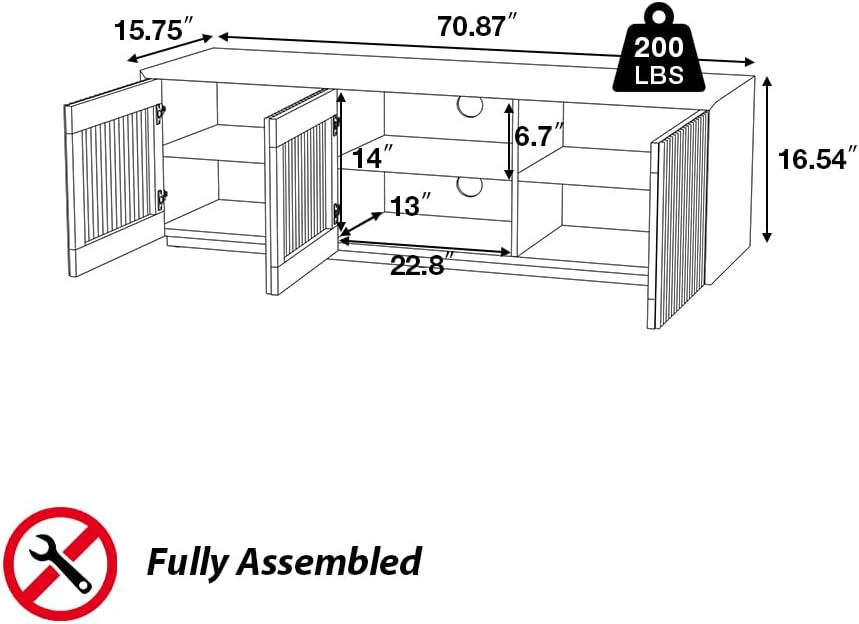POVISON Full Assembled Mid Century Modern TV Stand, Wood Slatted Media Console for 65 inch TV, Entertainment Center with Storage for Living Room, Low Cabinet with Removable Shelves
