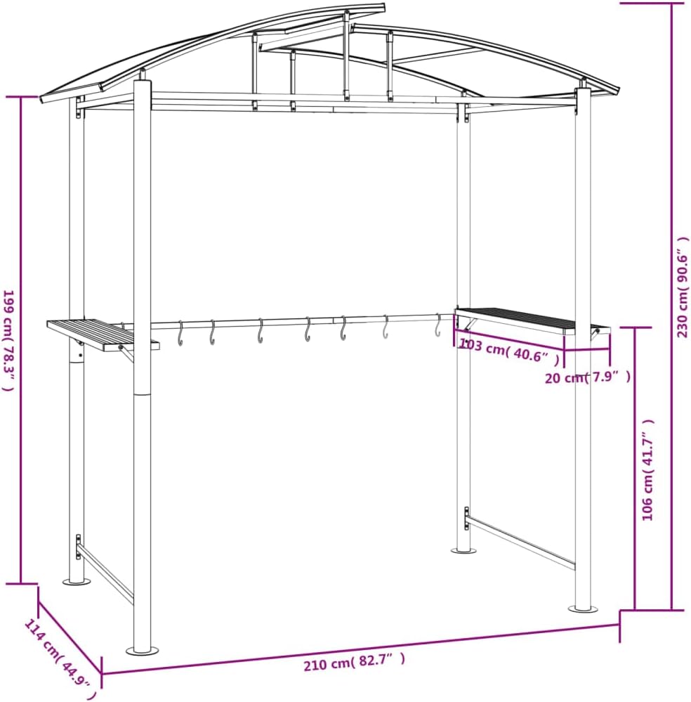 BBQ Gazebo with Side Shelves Anthracite Steel Outdoor Canopy Tent 82.7'x44.9'x90.6' Heavy Duty Hardtop Patio Shelter with PC Roof for Backyard Grilling and Outdoor Parties