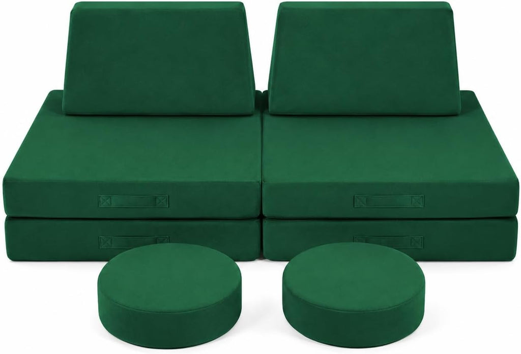 MeMoreCool Kids Play Couch, 8-Piece Modular Foam Sofa Fort Builder Set in Forest Green, Convertible Kids Couch with Washable Plush Cover for Playroom and Bedroom