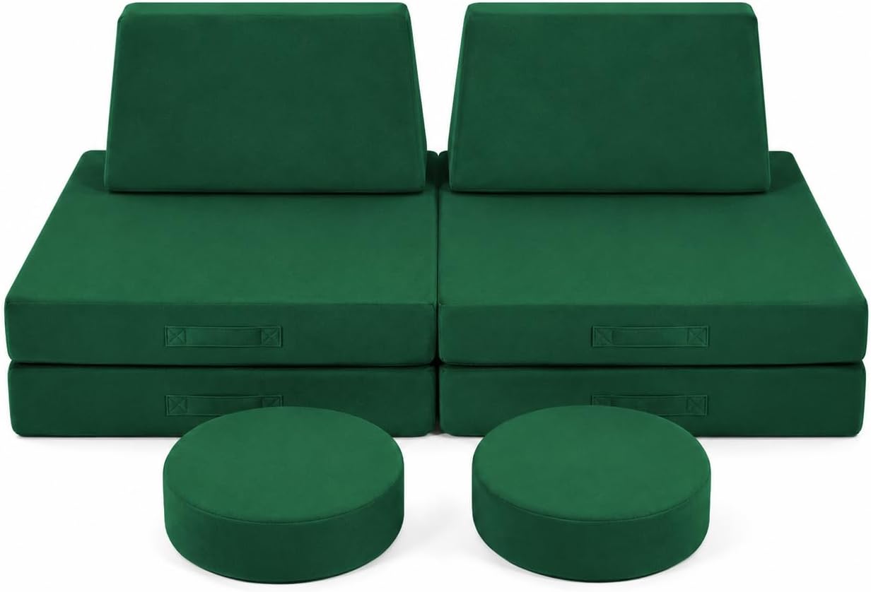 MeMoreCool Kids Play Couch, 8-Piece Modular Foam Sofa Fort Builder Set in Forest Green, Convertible Kids Couch with Washable Plush Cover for Playroom and Bedroom