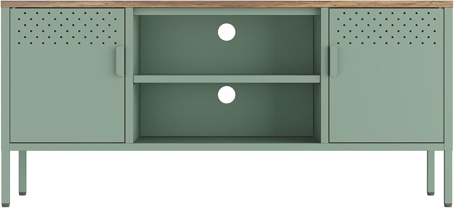 Manhattan Comfort Landen 47' Modern Metal TV Stand with Storage Cabinets & Open Shelves, Holds Up to 40' Screen, TV Console with Natural Wood Top, Cable Management, Adjustable Legs, Green
