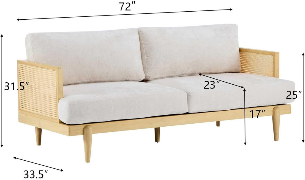 Merax 72' Spacious 2-Seater Sofa Couch with Armrests, Cane Rattan Wooden Frame Loveseat Sofa for Living Rooms, Bedrooms, Apartment, Office (Natural+Beige)