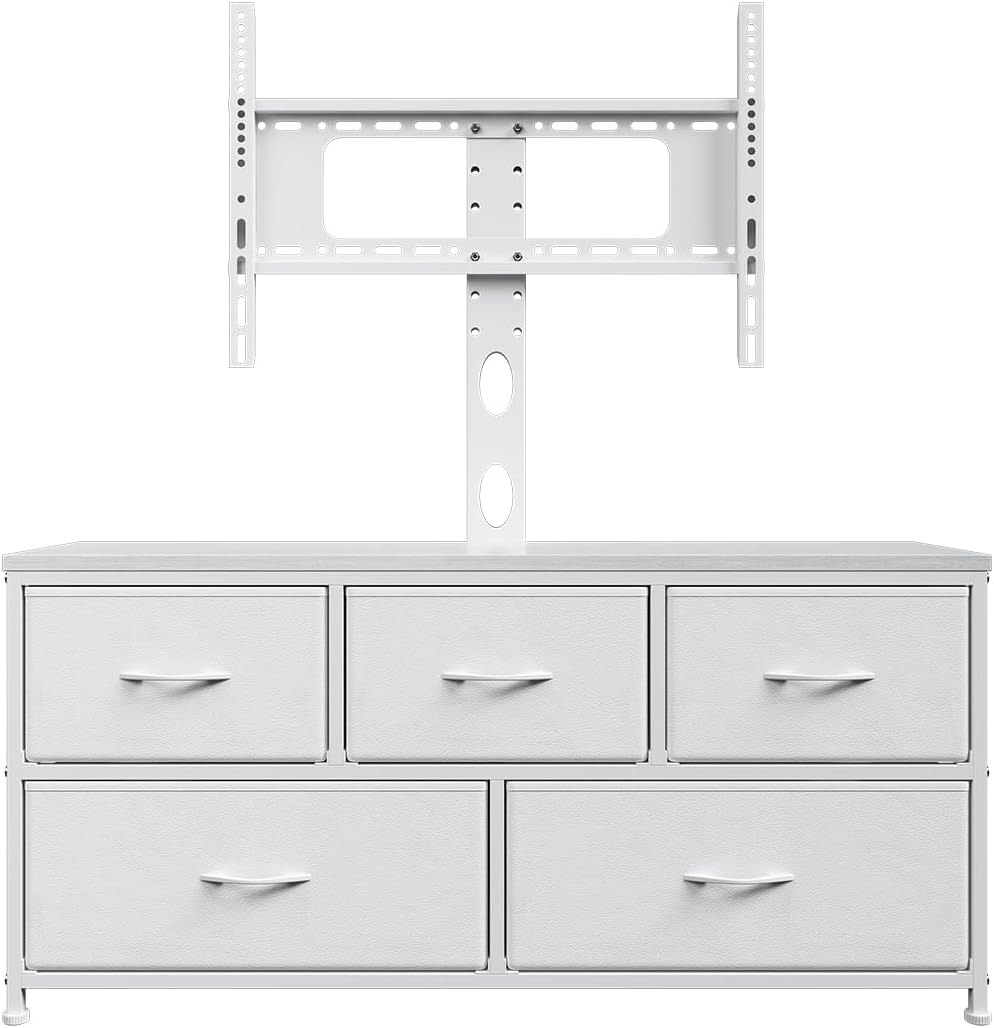 TV Stand with Mount, Fabric Dresser with 5 Drawers for 32/45/55/60/65/75 inch TVs, White Dresser Entertainment Center, Modern Media TV Console Table