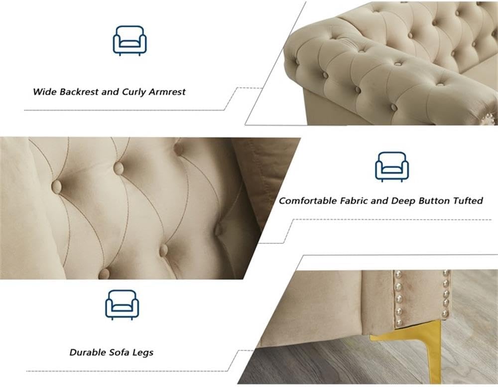 Pemberly Row 3-Piece Velvet Living Room Sofa Set, Beige Upholstery, Golden Rivets, Includes Sofa, Loveseat, Armchair, Button Tufted Design, Rolled Arms, Metal Legs, Comfortable Seating for