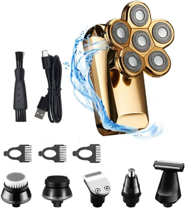 Head Shavers for Bald Men, Grooming kit 6in1 electric shaver for men beard hair trimmer facial body electric razor rechargeable bald head shaving machine (Color : Gold)