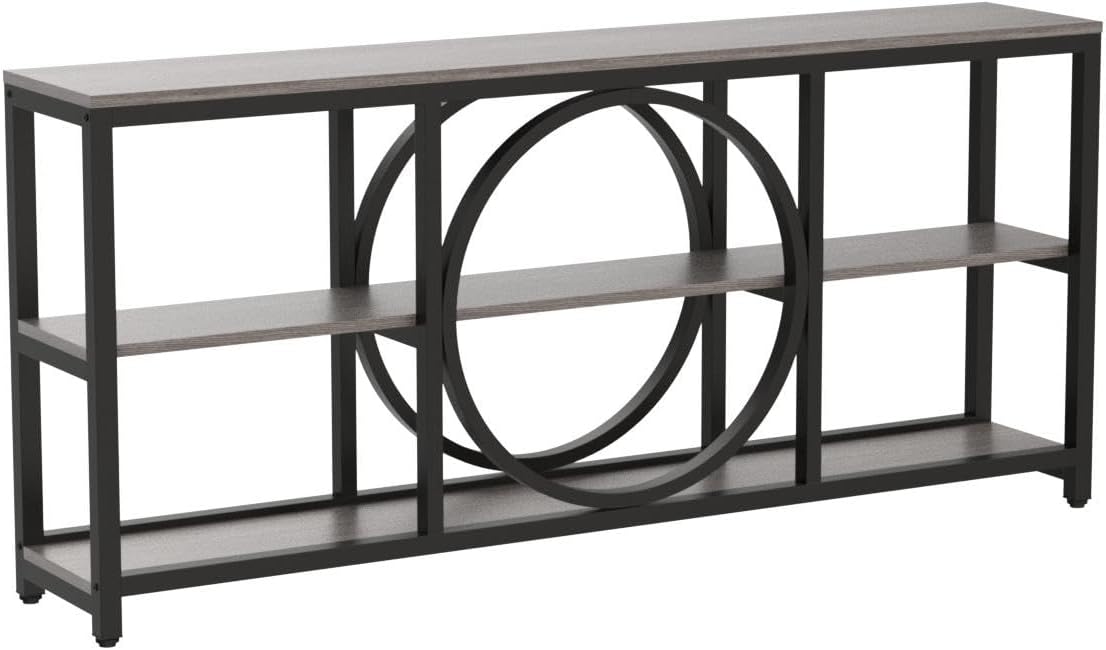 Tribesigns 70.9 inch Sofa Console Table, Extra Long Narrow Entryway Tables with 3 Tier Wood Storage Shelves Metal Frame for Foyer Hallway Living Room Behind Couch, Black Rustic Gray
