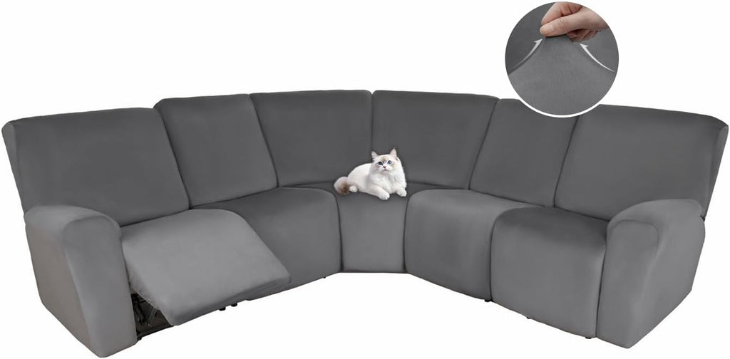 HDCAXKJ Reclining Sectional Couch Covers Velvet L Shaped Sectional Sofa Cover Washable Stretch Soft Corner Recliner Slipcover with Non-Slip Elastic Bottom (5 Seat Recliner Couch, Dark Gray)
