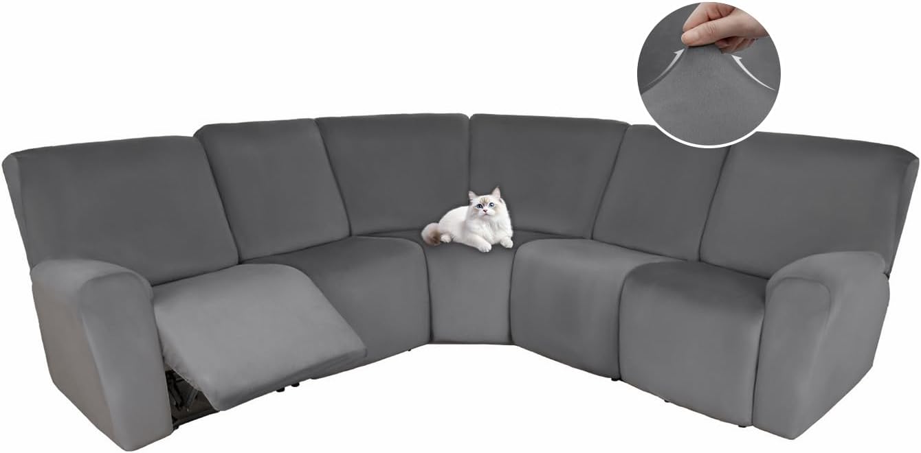 HDCAXKJ Reclining Sectional Couch Covers Velvet L Shaped Sectional Sofa Cover Washable Stretch Soft Corner Recliner Slipcover with Non-Slip Elastic Bottom (5 Seat Recliner Couch, Dark Gray)