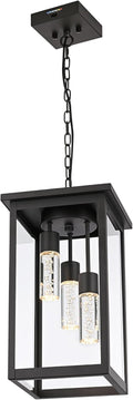 Yaohong 17' Large 5CCT LED Outdoor Pendant Light, 3-Lights Modern Black Hanging Ceiling Fixture with Acrylic Column & Clear Glass, Weatherproof Chandelier for Porch Gazebo Patio Entryway