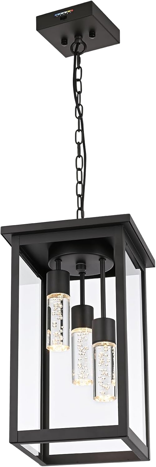 Yaohong 17' Large 5CCT LED Outdoor Pendant Light, 3-Lights Modern Black Hanging Ceiling Fixture with Acrylic Column & Clear Glass, Weatherproof Chandelier for Porch Gazebo Patio Entryway