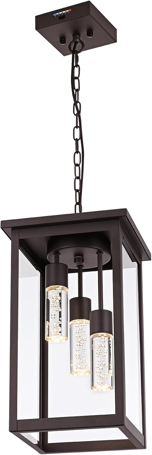 Yaohong 17' Large 5CCT LED Outdoor Pendant Light, 3-Lights Modern Oil Rubbed Bronze Hanging Ceiling Fixture with Acrylic Column & Clear Glass, Weatherproof Chandelier for Porch Gazebo Patio Entryway