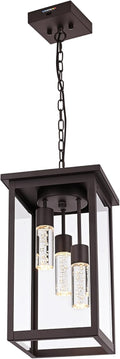Yaohong 17' Large 5CCT LED Outdoor Pendant Light, 3-Lights Modern Oil Rubbed Bronze Hanging Ceiling Fixture with Acrylic Column & Clear Glass, Weatherproof Chandelier for Porch Gazebo Patio Entryway