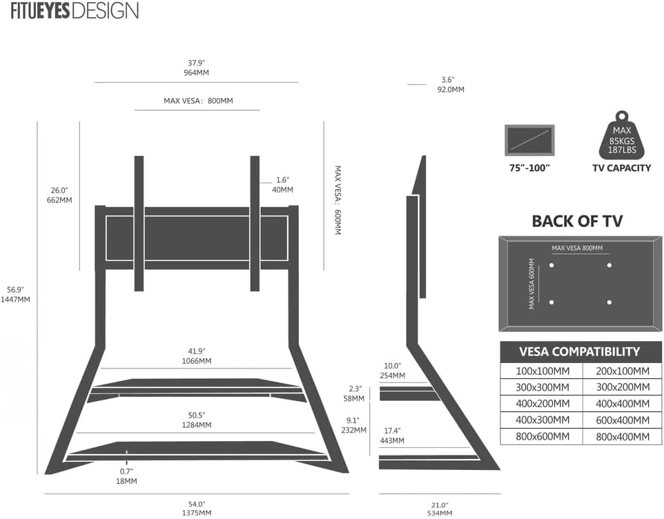 FITUEYES Design Large TV Floor Stand for 75 77 85 86 90 100 Inch TVs, Heavy Duty TV Stand Mount with Large Wood Entertainment Shelf, Modern Living Room Television Stands, Up to 187 lbs, Eiffel Series