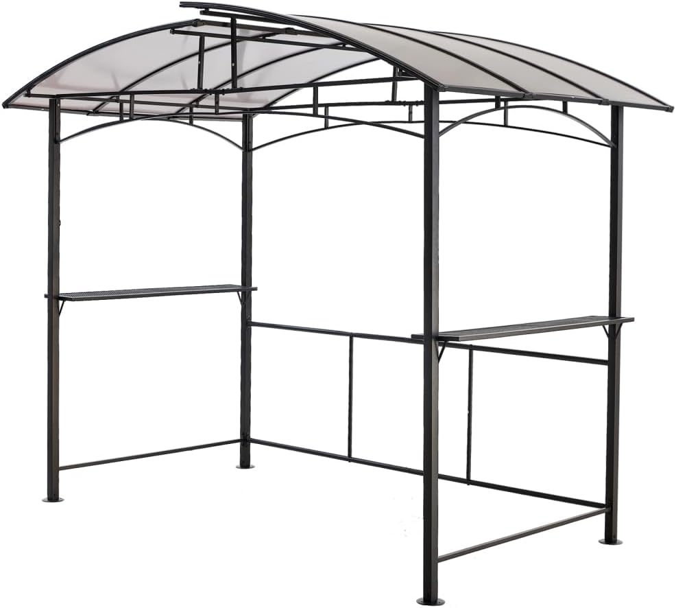 8x5FT Grill Gazebo, Black Steel Hardtop Outdoor Patio Canopy Part, BBQ Shelter with Side Shelves & Hanging Poles, UV-Protective Double-Tier Roof