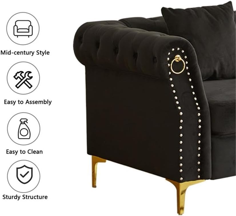 Pemberly Row 3-Piece Velvet Sofa Set, Black Upholstery with Gold Nailhead Trim, Includes Sofa, Loveseat, Armchair, Tufted Detailing, Rolled Arms, Gold Metal Legs, Living Room Furniture for Elegant