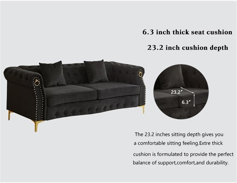 Pemberly Row 3-Piece Velvet Sofa Set, Black Upholstery with Gold Nailhead Trim, Includes Sofa, Loveseat, Armchair, Tufted Detailing, Rolled Arms, Gold Metal Legs, Living Room Furniture for Elegant