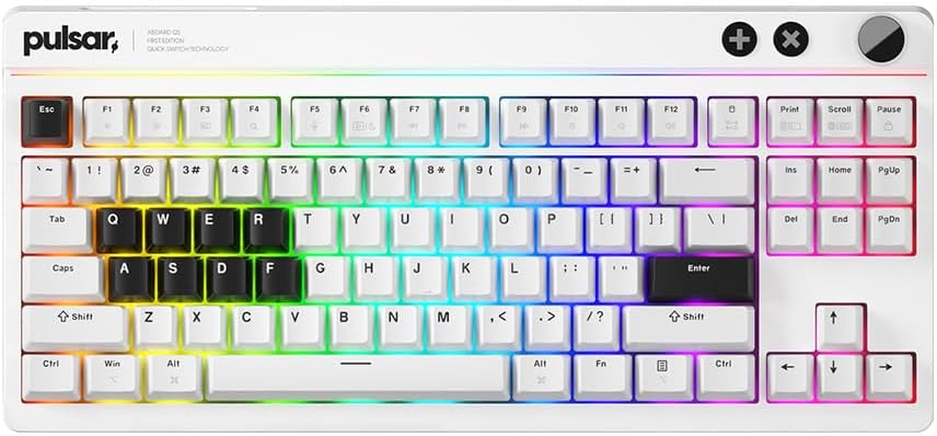 Pulsar XBOARD QS Mechanical Gaming Keyboard – QMK/VIA, Hot Swappable Linear Switch, TKL Layout Gasket Mount, Aluminum Frame, RGB LED Backlit, Knob, Dual PC Quick Switch for Mac/Windows (White)