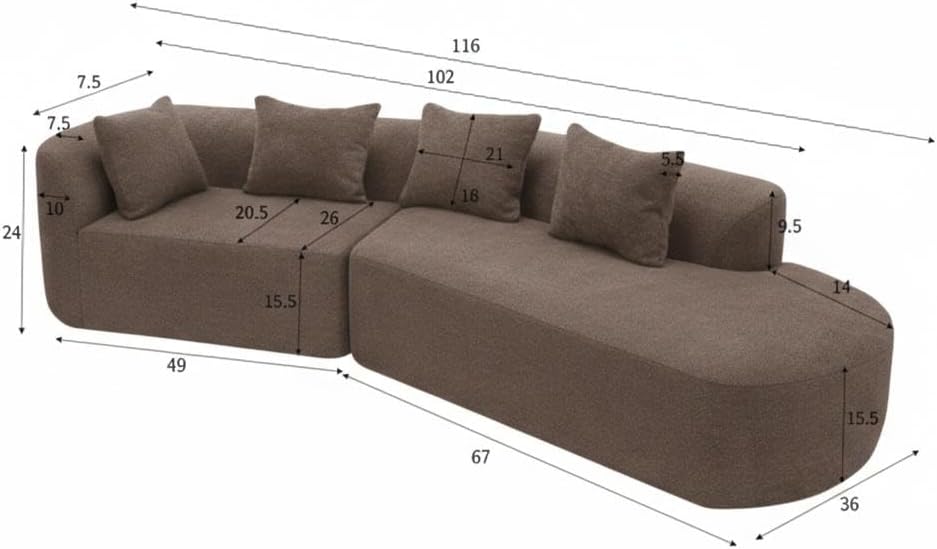 Merax 2-Piece 116' L-Shaped Modular Sectional Sofa Set, 4 Seat Fully Assembled Curved Upholstery Couch with High-Density Compressed Sponge, Chaise Lounge & 4 Pillows for Living Room, Brown