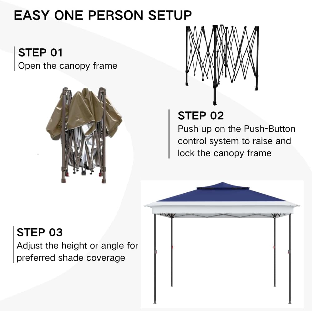 Kingdura 13x13 Pop Up Canopy, Easy Setup Canopy Tent, Double Roof Outdoor Patio Shelter Sun Shade with 4 Sand Bags, 3 Adjustable Height for Patio Furniture, Party, Wedding, Outdoor Dining (Blue)