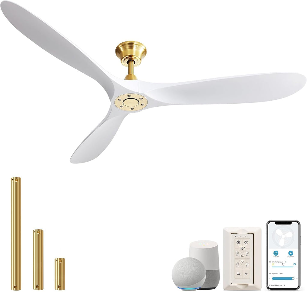 CACI Mall 60' Ceiling Fan No Light, White Smart Ceiling Fan with Remote Control, Modern, without Light, Quiet Reversible DC Motor for Outdoor, Living Room, Bedroom, Patio, Porch