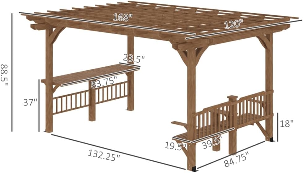 14 x 10 ft Wood Pergola with Bench Seat & Bar Table Quality Solid Wood Gazebo Pavilion for Backyard Deck Patio Outdoor Large Pergola Grape Trellis Grill Gazebo, Snow and Wind Supported