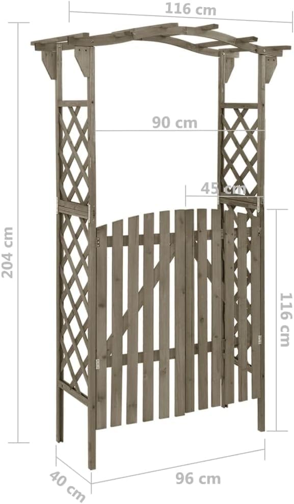 vidaXL Gray Pergola with Gate, Sturdy Solid Firwood and Pine Wood Garden Arch, Weather-Resistant Outdoor Decorative Structure, Rustic Farmhouse Style, Easy Assembly, Measurements: 45.7'x15.7'x80.3'.