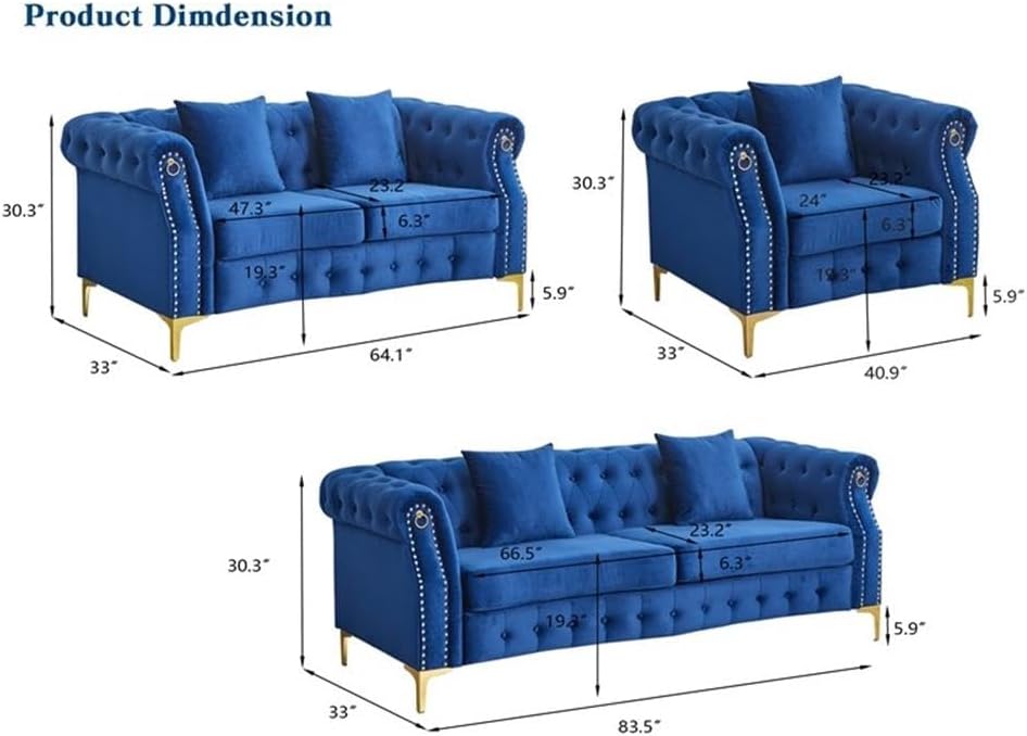 Pemberly Row 3-Piece Blue Velvet Living Room Sofa Set, Includes Sofa, Loveseat, Armchair, Button Tufted Upholstery, Gold Metal Legs, Nailhead Trim, Plush Cushions, Elegant Seating for Home or Upscale